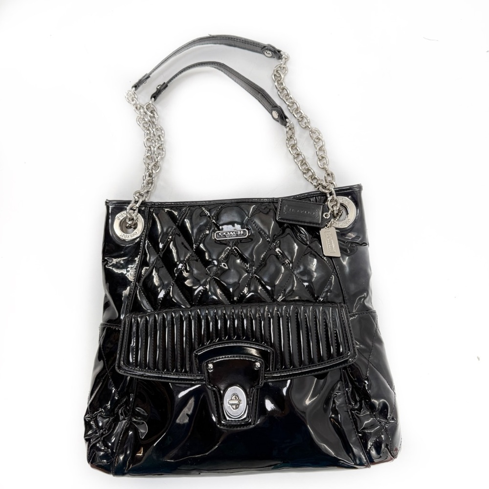 Coach Poppy Liquid Gloss Black and Pink Quilted Patent Leather Tote Shoulder Bag